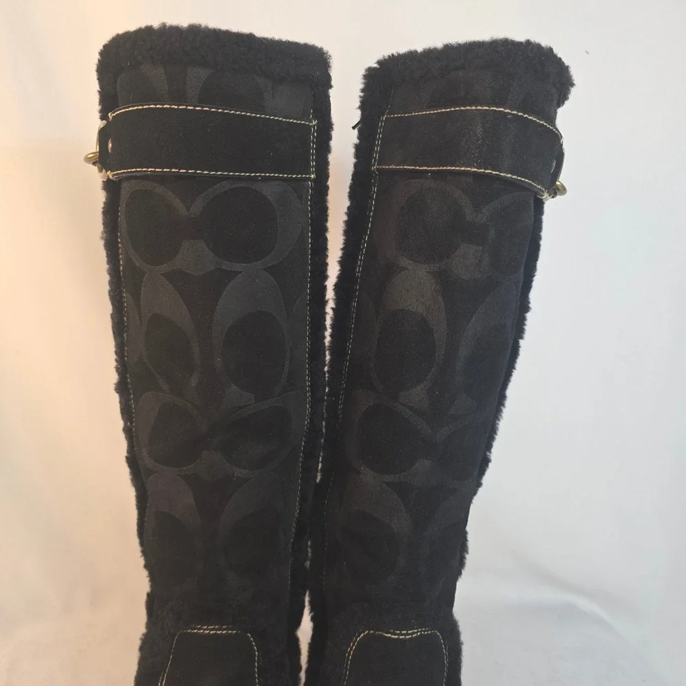 Coach Jonie Black Suede Signature Monogram Wedge Boots Womens 6.5M